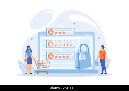 Winzige Kunden bewerten online mit einem Reputationssystem-Programm. System für die Reputation von Verkäufern, Produkt mit der höchsten Bewertung, Konzept für die Rate an Kundenbewertungen, flach Stock Vektor