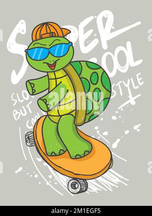 Handgezeichnete Schildkröte mit Skateboard für T-Shirt Stock Vektor