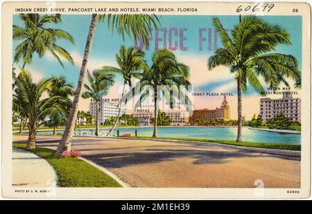 Indian Creek Drive, Pancoast Lake und Hotels, Miami Beach, Florida , Hotels, Tichnor Brothers Collection, Postkarten der Vereinigten Staaten Stockfoto