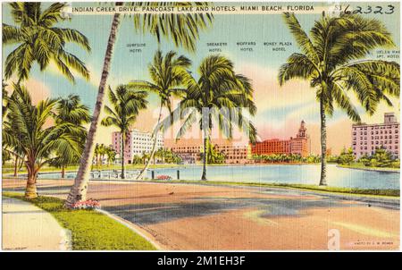 Indian Creek Drive, Pancoast Lake und Hotels, Miami Beach, Florida , Hotels, Tichnor Brothers Collection, Postkarten der Vereinigten Staaten Stockfoto