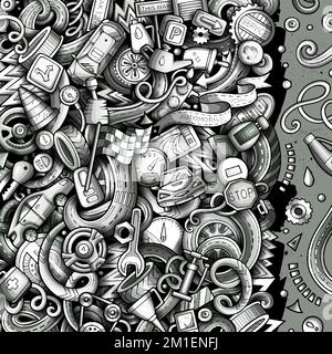 Cartoon niedliche Kritzeleien Fahrzeug Rahmenkarte. Einfarbig mit vielen Objekten im Hintergrund. Mit Fahrzeugsymbolen und -Gegenständen umranden Stock Vektor