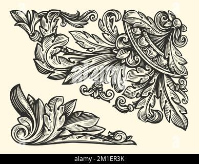 Dekorative Elemente im Blumendesign. Kunstvolles, wirbelndes Blumenmotiv. Mustervektordarstellung im Vintage-Stil Stock Vektor