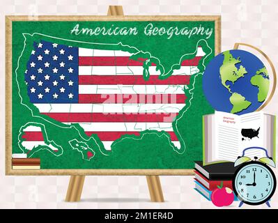 Amerikanische Karte auf grüner Tafel. Amerikanische Geografie-Studie. Unterrichtsraum-Hintergrund mit Buch, Globus, Karte Stock Vektor