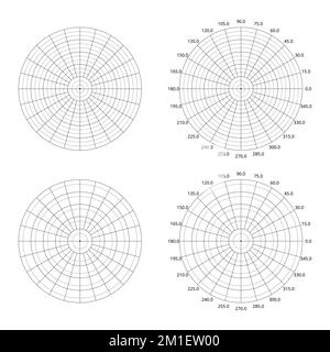 Polarraster Auf Weißem Hintergrund Isoliert. Kreisförmiges Gitter Und Diagrammvorlage Für Polarkoordinaten. Polargitter In Grad Stock Vektor