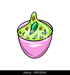 Mexikanische Guacamole mit Knoblauch im süßen Cartoon-Stil. Traditionelles mexikanisches Gericht in einer Fliederschüssel. Stock Vektor