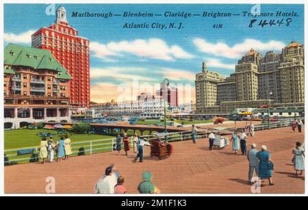 Marlborough -- Blenheim -- Claridge -- Brighton -- Traymore Hotels, Atlantic City, N. J. , Hotels, Promenade, Tichnor Brothers Collection, Postkarten der Vereinigten Staaten Stockfoto
