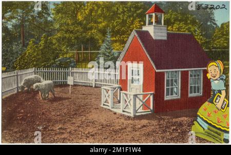 Mary und ihre kleinen Lämmer in der roten Schule. Kinderzoo, Belle Isle, Detroit, Michigan. , Sport- und Freizeiteinrichtungen, Tichnor Brothers Collection, Postkarten der Vereinigten Staaten Stockfoto