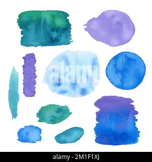 Aquarell bunte Blots Set. Blaue und lila Aquarellflecken Stockfoto