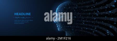 Künstliche Intelligenz. Abstract 3D Poligonal ai menschliches Gesicht auf blau. Cyber-Roboter, Ai-Technologie, Big-Data-Code, künstlicher Geist, Cyborg-Frauen Stock Vektor