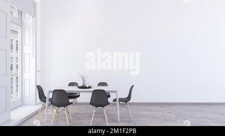 Minimalistisch eleganter Speisesaal. Leeres, modernes weißes Wandmodell in einer Speisesaalszene. 3D Inneneinrichtung, skandinavischer Esstisch und Stühle mit Stockfoto