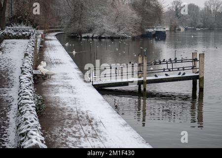 Windsor, Berkshire, Großbritannien. 12.. Dezember 2022. Verschneite Szenen an der Themse. In Windsor kam es über Nacht zu einem leichten Schneestaub, der heute ein Winterwunderland um die Stadt herum verließ. Eine gelbe Wetterwarnung für Eis bleibt in Berkshire bis morgen früh um 11am Uhr bestehen. Kredit: Maureen McLean/Alamy Live News Stockfoto