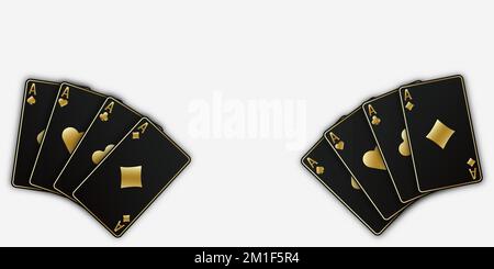 Zwei Fans von Spielkarten, bestehend aus vier schwarzen und goldenen Pik-Ass, Diamanten, Clubs, Herzen. Vektorbildpoker und Kasino von allen Stock Vektor