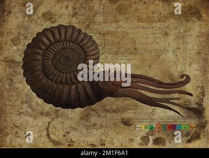 Ammonoidea, Ammonites Art Study Altes Strukturiertes Papier Vintage Geometrisches Poster Stockfoto