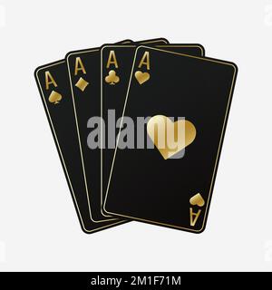 Ein Fan von Spielkarten, bestehend aus vier schwarzen und goldenen Pik-Ass, Diamanten, Clubs, Herzen. Vektor-Illustrations-Poker und Casino von allen Ass Stock Vektor