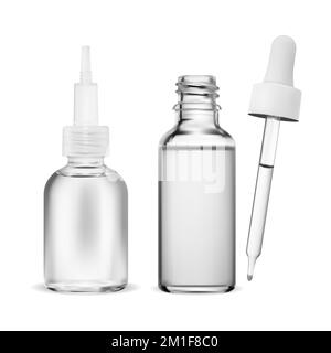 Die Klarglasflasche mit weißem Verschluss enthält ein kosmetisches Serum, das mit einem Tropfer die essentielle Flüssigkeit abgibt. Realistisches Modell eines Glaskolbens Fi Stock Vektor