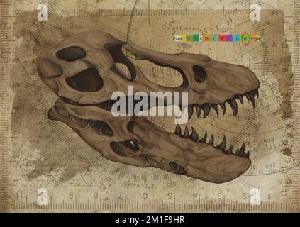 Tyrannosaurus T Rex Dinosaur Skull Art Study Old Textured Paper Vintage Geometrical Poster Stockfoto