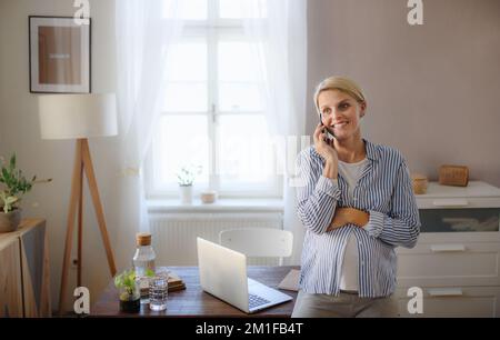 Schwangere Frau, die zu Hause in ihrer Wohnung arbeitet. Stockfoto