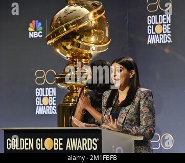 Los Angeles, Usa. 12.. Dezember 2022. Mayan Lopez gibt die Nominierungen für die jährlichen Golden Globe Awards 80. im Beverly Hilton in Beverly Hills, Kalifornien, am Montag, den 12. Dezember 2022 bekannt. Foto: Jim Ruymen/UPI Credit: UPI/Alamy Live News Stockfoto