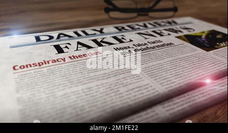 Falsche Nachrichten, Verschwörungstheorie, Schwindel und Desinformation, alte Nachrichten und Zeitungsdruck. Abstrakte Darstellung der Überschriften im Retro-Design 3D. Stockfoto