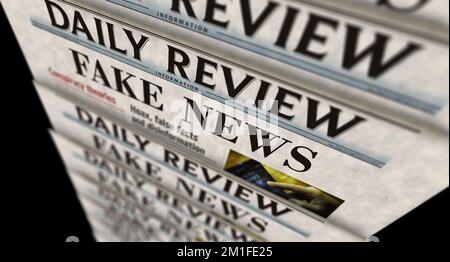 Falsche Nachrichten, Verschwörungstheorie, Schwindel und Desinformation, alte Nachrichten und Zeitungsdruck. Abstrakte Darstellung der Überschriften im Retro-Design 3D. Stockfoto
