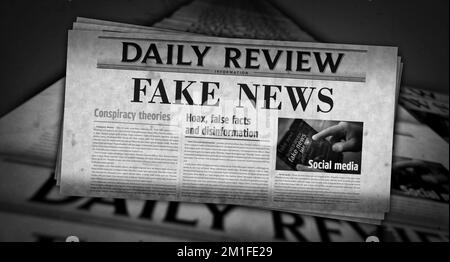 Falsche Nachrichten, Verschwörungstheorie, Schwindel und Desinformation, alte Nachrichten und Zeitungsdruck. Abstrakte Darstellung der Überschriften im Retro-Design 3D. Stockfoto