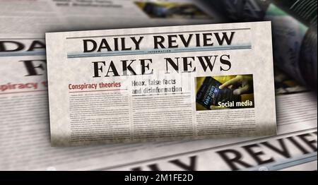 Falsche Nachrichten, Verschwörungstheorie, Schwindel und Desinformation, alte Nachrichten und Zeitungsdruck. Abstrakte Darstellung der Überschriften im Retro-Design 3D. Stockfoto