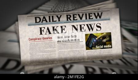 Falsche Nachrichten, Verschwörungstheorie, Schwindel und Desinformation, alte Nachrichten und Zeitungsdruck. Abstrakte Darstellung der Überschriften im Retro-Design 3D. Stockfoto