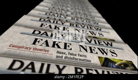 Falsche Nachrichten, Verschwörungstheorie, Schwindel und Desinformation, alte Nachrichten und Zeitungsdruck. Abstrakte Darstellung der Überschriften im Retro-Design 3D. Stockfoto
