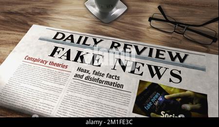 Falsche Nachrichten, Verschwörungstheorie, Schwindel und Desinformation, alte Nachrichten und Zeitungsdruck. Abstrakte Darstellung der Überschriften im Retro-Design 3D. Stockfoto