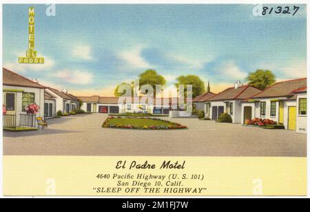 El Padre Motel, 4640 Pacific Highway (U. S. 101), San Diego 10. Kalifornien, "Sleep off the Highway ", Motels, Tichnor Brothers Collection, Postkarten der Vereinigten Staaten Stockfoto