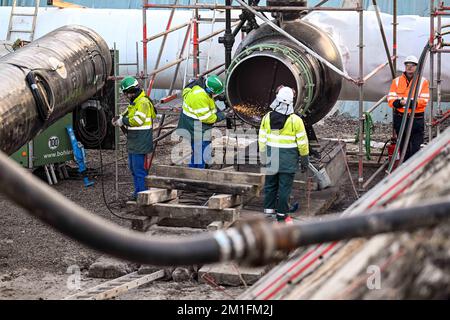 Friedeburg, Deutschland. 12.. Dezember 2022. An der Wilhelmshaven Anbindungs-Leitung (WAL) wird derzeit gearbeitet. Ein letzter Abschnitt der neuen Pipeline für das Importterminal von Wilhelmshaven für Flüssigerdgas (LNG) wurde nun an das deutsche Gasfernleitungsnetz angeschlossen. Auf einer Baustelle im ostfriesischen Bezirk Wittmund wurde das Rohr in den Boden gelegt und die abschließenden Schweißnähte bearbeitet. Kredit: Sina Schuldt/dpa/Alamy Live News Stockfoto