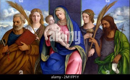 Madonna und Kind mit Heiligen von Giovanni Bellini (c.1435-1516), Tempera und Öl auf Holz Stockfoto