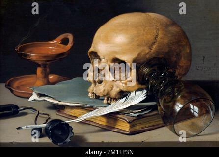 Still Life with a Skull and a writing Quill vom niederländischen Künstler des Goldenen Zeitalters, Pieter Claesz (ca. 1597–1660), Öl auf Holz, 1660 Stockfoto