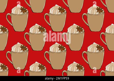 Heißes Getränk schmeichelt dem Muster. Café-Bar-Kollektion. Tassen Kaffee mit Süßigkeiten und Gewürzen. Textil- und Verpackungsdesign Stockfoto