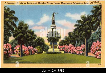 Malerischer Broadway Boulevard mit Texas Heroes Monument, Galveston, Texas, Denkmälern und Gedenkstätten, Tichnor Brothers Collection, Postkarten der Vereinigten Staaten Stockfoto