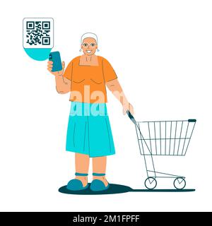 Süße Oma mit Einkaufswagen. Glückliche Seniorin mit Smartphone. Ältere Frau scannt QR-Code-Einkaufskonzept. Online-Kauf. QR-Zeichen. Älterer erfolgreicher Käufer mit Vektordarstellung für Gadgets Stock Vektor