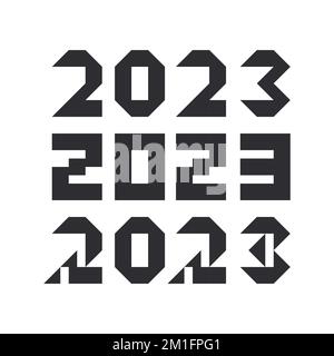 2023 Stilisierter Textsatz. Neue Jahreszahl minimalistischer Pixelbrutalismus Designvorlage. Einfache Einrichtung mit bauhaus-Weihnachtslogo für Banner, Karte, Broschüre, Cover und Kalender. Vektordarstellung. Stock Vektor