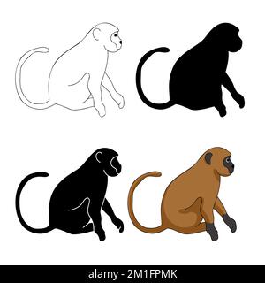 Die Silhouette des Äffchens ist flach geformt. Marmoset oder Erythrocebus patas Small Primate. Element für Infobroschüre mit Affenpocken oder Logo-Poster mit Tierkarten. Vektordarstellung. Stock Vektor