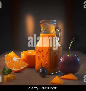 Trinken Sie Ihren Weg durch den Tag: Die gesundheitlichen Vorteile von Orangensaft. Dieses appetitliche Bild von einem Glas Orangensaft in der Küche Stockfoto