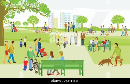 Erholung im Park mit Familien und anderen Menschen, Illustration Stock Vektor