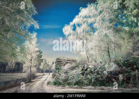 ZEITGENÖSSISCHE KUNST: Frühe Winterszene im Loisach Moor bei Bichl, Oberbayern Stockfoto