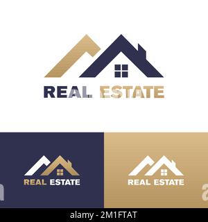 Stilvolles und kreatives Logo, Schild, Design, Icon, Konzept für eine Immobilienfirma in Blau und Gold. Stock Vektor