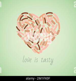 Würstchen in Herzform. Köstliche Illustration Oktoberfest, Valentinstag auf grünem Hintergrund Stock Vektor