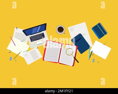 Desktop-Hintergrund des Arbeitsplatzes. Draufsicht auf Tabelle, Laptop, Ordner, Dokumente, Notizblock, Visitenkarte, Handtasche, Kalender, Uhr, Bücher, Kaffee, Reisepass Stock Vektor
