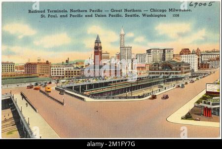 Bahnhöfe Nordpazifik -- Great Northern -- Chicago Milwaukee, St. Paul, Pacific und Union Pacific, Seattle, Washington, Bahnhöfe, Tichnor Brothers Collection, Postkarten der Vereinigten Staaten Stockfoto