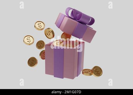 Cartoon-Geschenkbox mit Münze für Spieldesign. 3D Abbildung isoliert. Konstruktionselement. Geburtstagsgruß-Design. Überraschende Dekoration. Festliche Geschenkbox. Stockfoto
