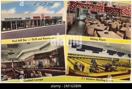 Red Mill Bar - Grill und Erholung, Speisesaal, Cocktailbar, 21 moderne Bowlingbahnen, Restaurants, Sport- und Erholungseinrichtungen, Tichnor Brothers Collection, Postkarten der Vereinigten Staaten Stockfoto