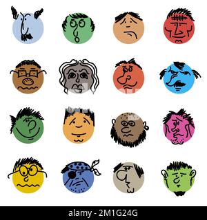 Farbige Doodle Heads. Runde Comic-Gesichter mit verschiedenen Emotionen. Verschiedene bunte Charaktere. Leute im Cartoon-Stil. Handgezeichnete, trendige Illustration. Stockfoto