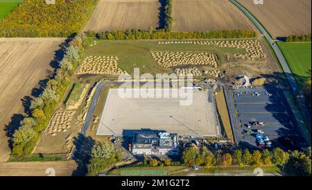 Luftaufnahme, Baustelle und neues Gebäude Sportplatz mit Ständen und Clubgebäude mit Sporttagesstätte Papenloh an der Lohschule in Stockfoto