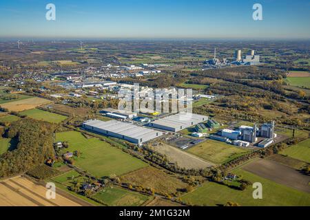 Luftaufnahme, Baustelle Verteilerpark zwischen Trianelstraße und Trianel GasKraftwerk sowie Dubay Polymer GmbH im Bezirk Uentrop Stockfoto